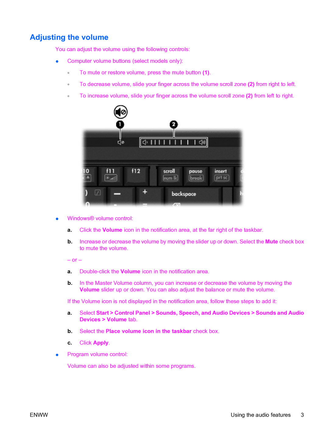 HP multimedia manual Adjusting the volume 