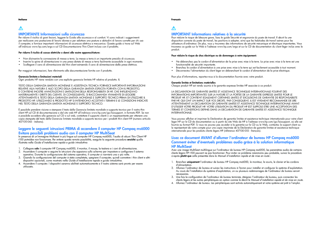 HP MultiSeat ms6000 manual Importante Informazioni sulla sicurezza, Important Informations relatives à la sécurité 