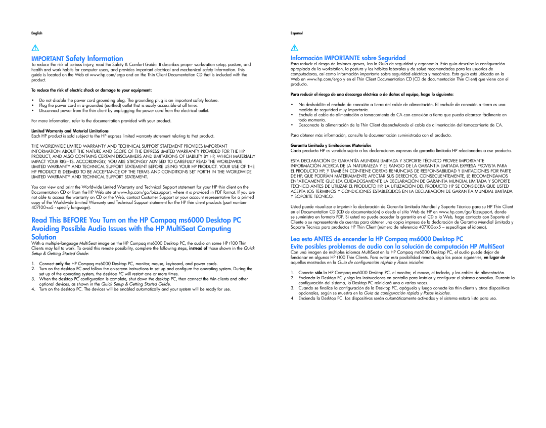 HP MultiSeat ms6000 manual Important Safety Information, Información Importante sobre Seguridad 