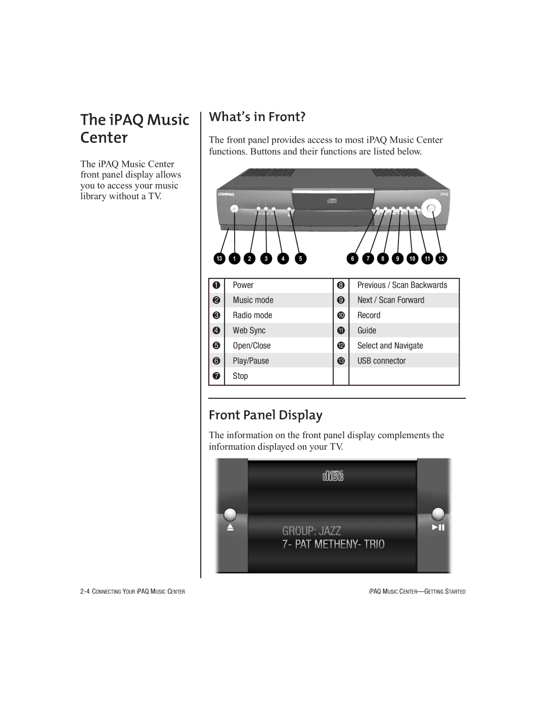 HP Music MC-1 manual IPAQ Music Center, What’s in Front?, Front Panel Display 