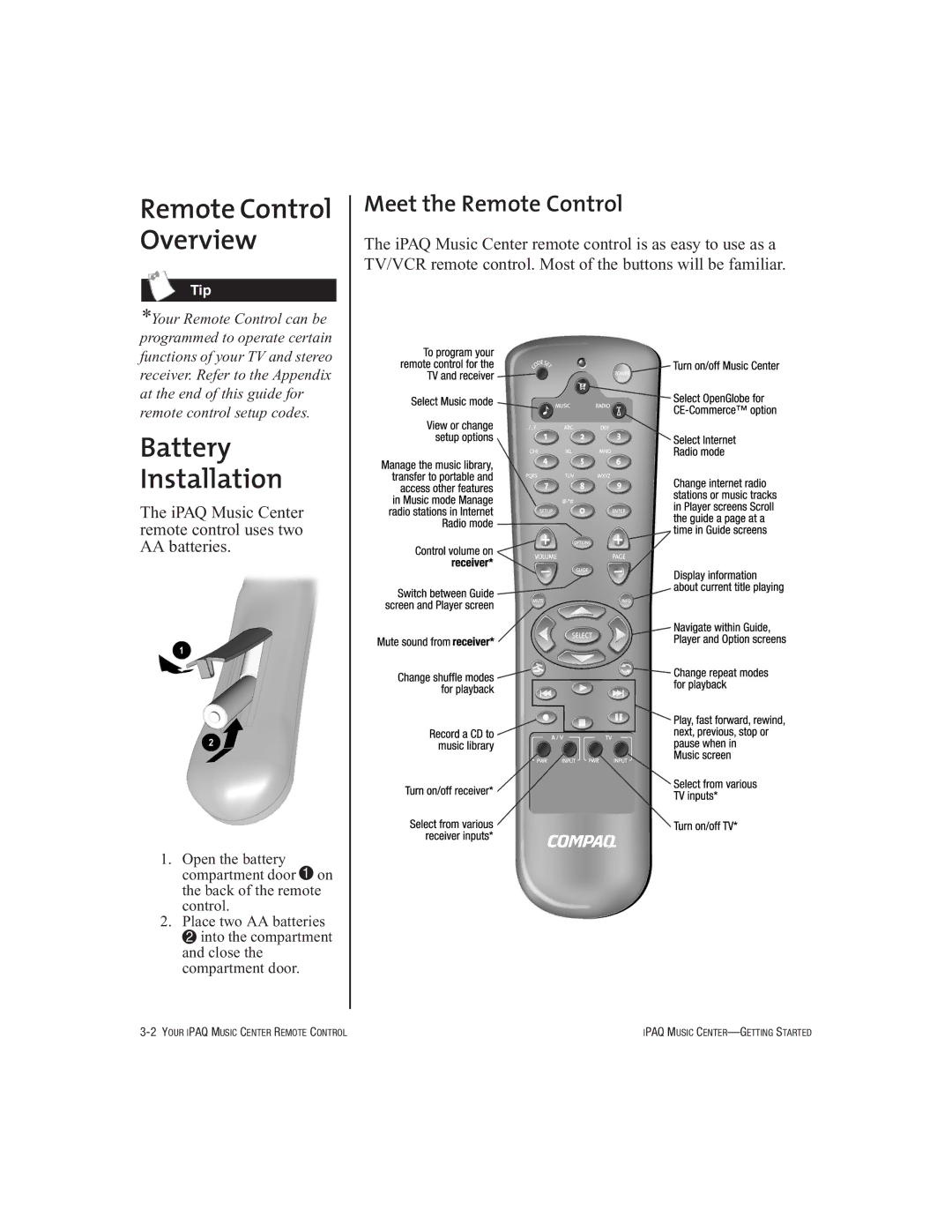 HP Music MC-1 manual Remote Control Overview, Battery Installation, Meet the Remote Control 