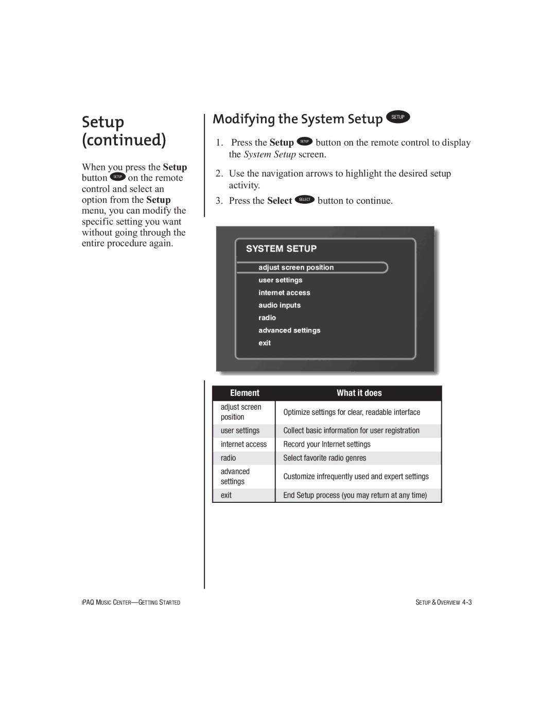 HP Music MC-1 manual Modifying the System Setup T, Element What it does 