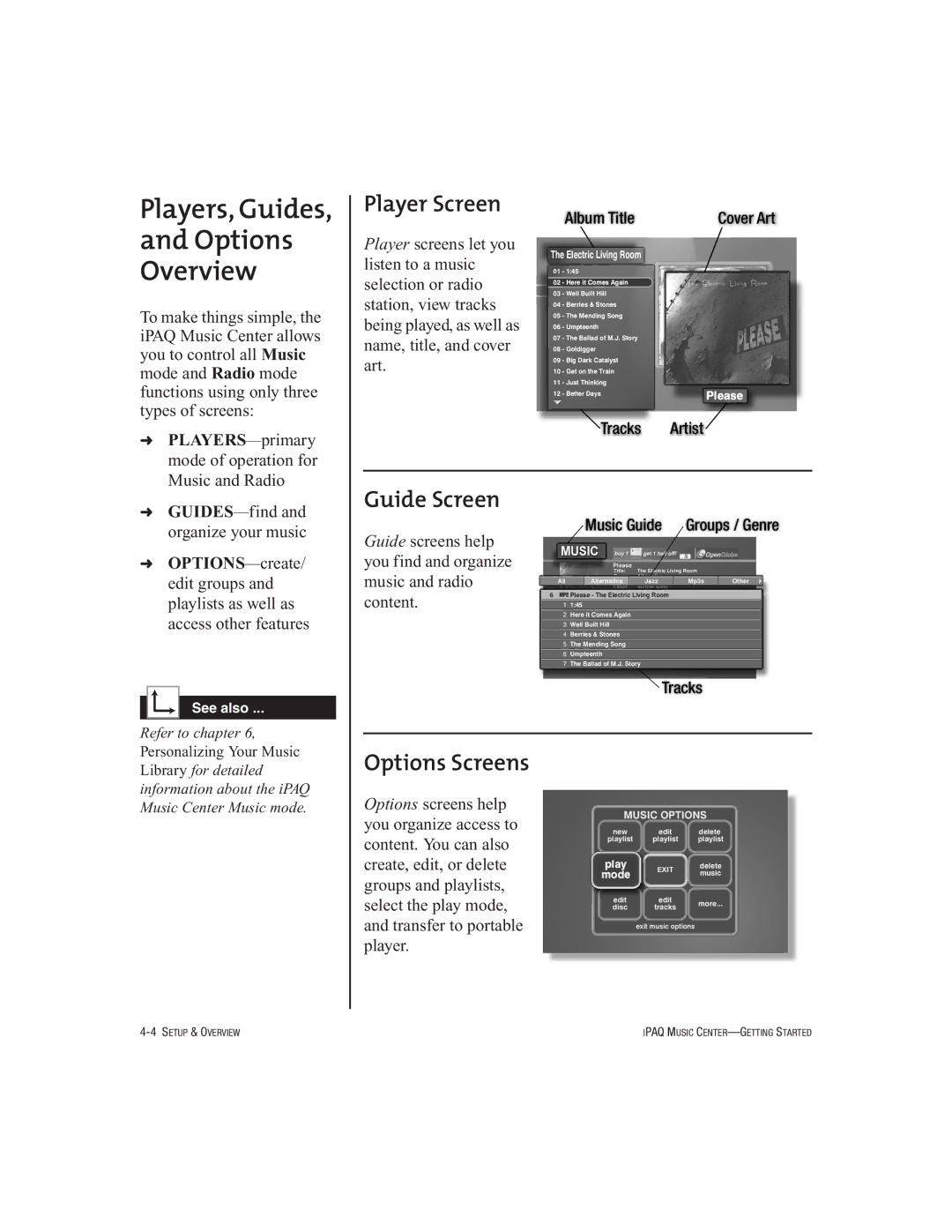 HP Music MC-1 manual Players, Guides Options Overview, Player Screen, Guide Screen, Options Screens 