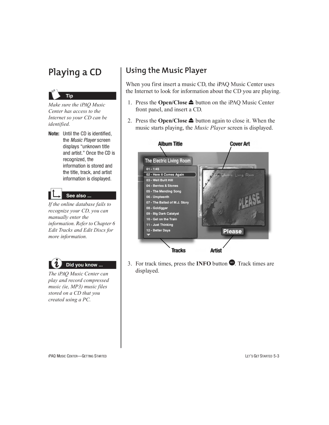 HP Music MC-1 manual Playing a CD, Using the Music Player 