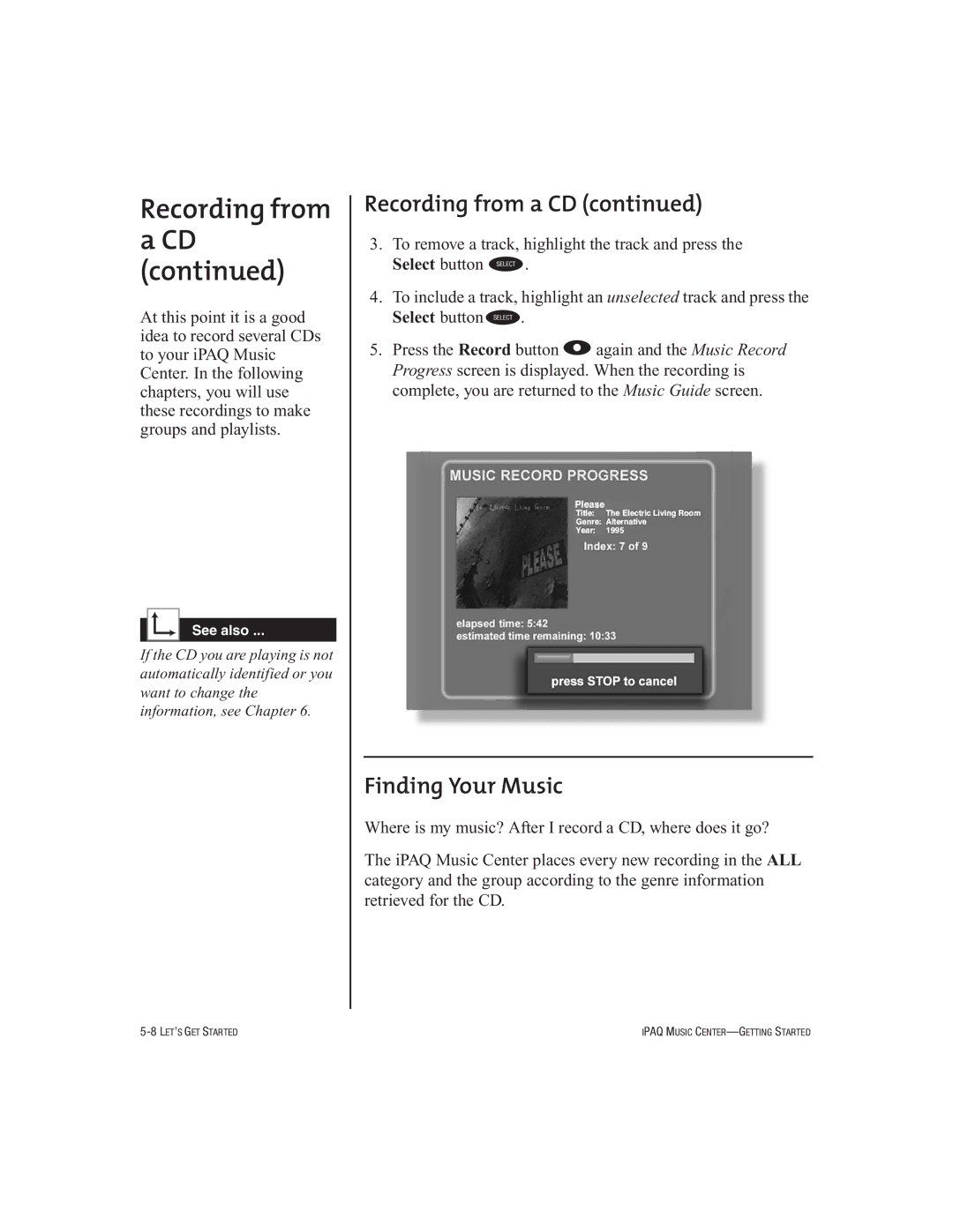 HP Music MC-1 manual Recording from a CD, Finding Your Music 