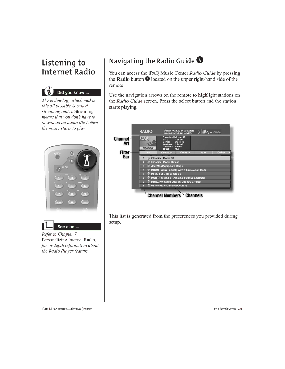 HP Music MC-1 manual Listening to Internet Radio, Navigating the Radio Guide a 