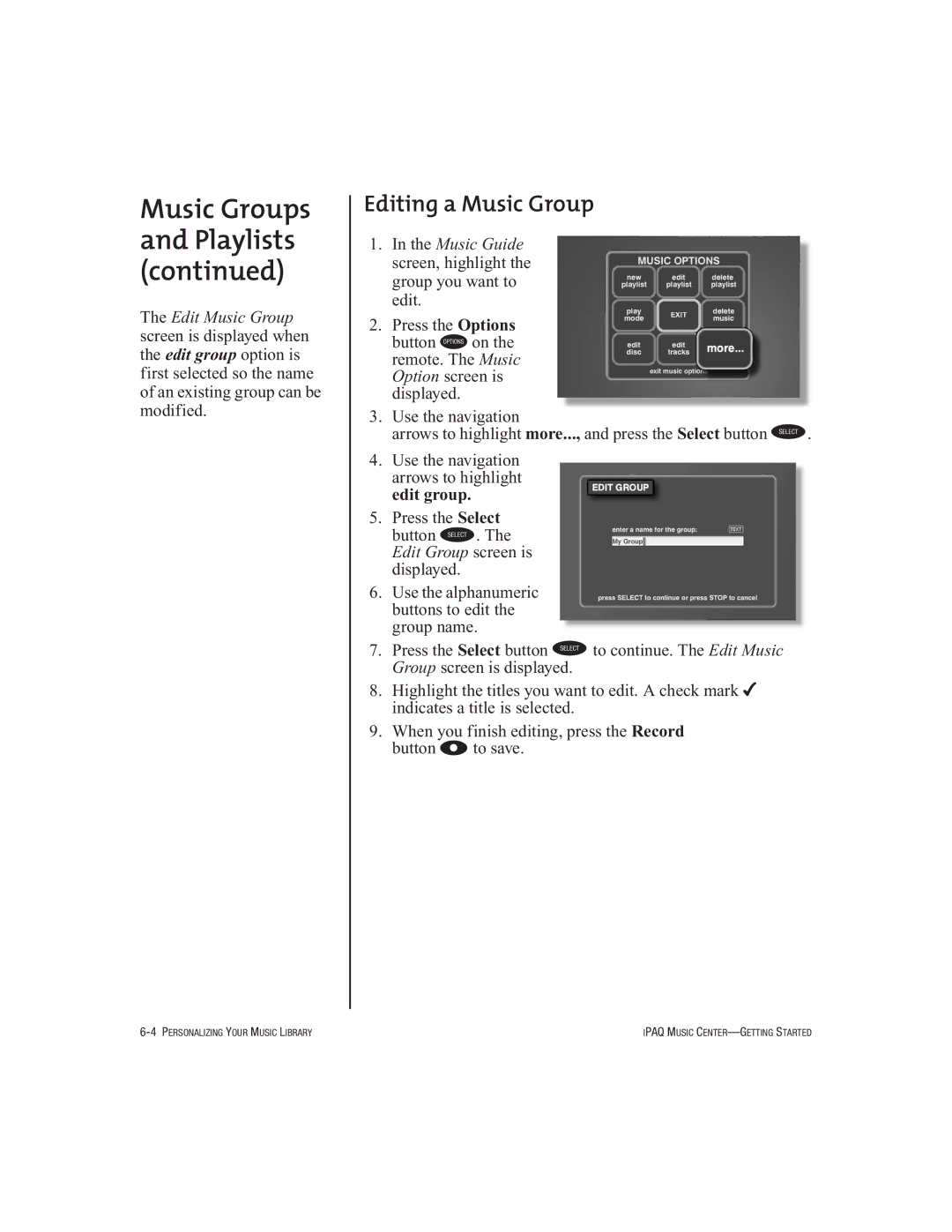 HP Music MC-1 manual Editing a Music Group, Music Guide screen, highlight the group you want to edit 