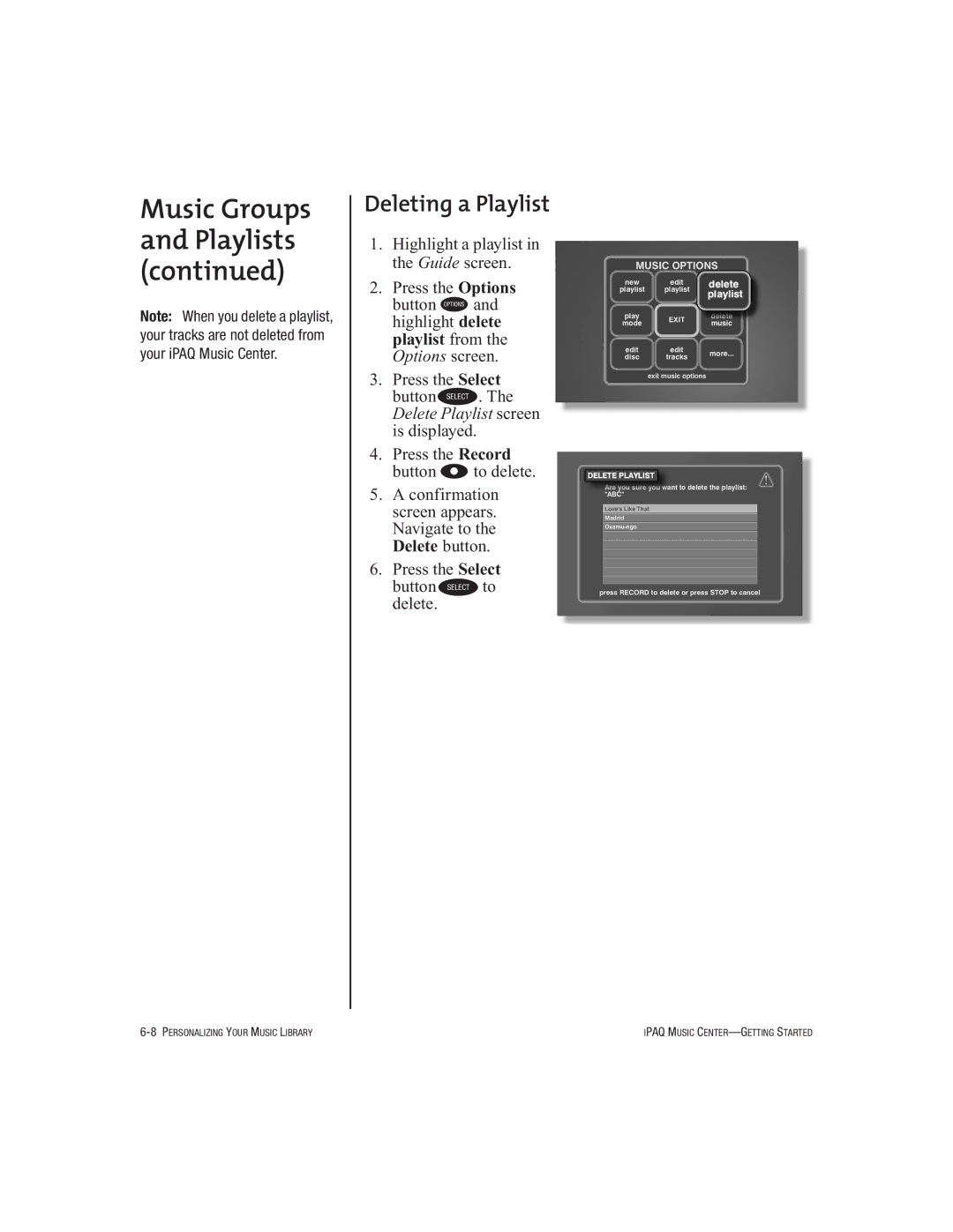 HP Music MC-1 manual Deleting a Playlist 