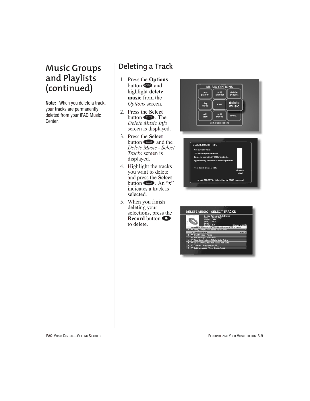 HP Music MC-1 manual Deleting a Track 