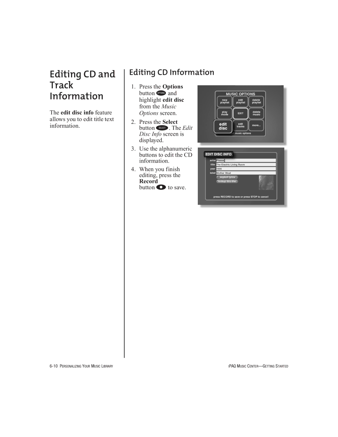 HP Music MC-1 manual Editing CD Track Information, Editing CD Information 