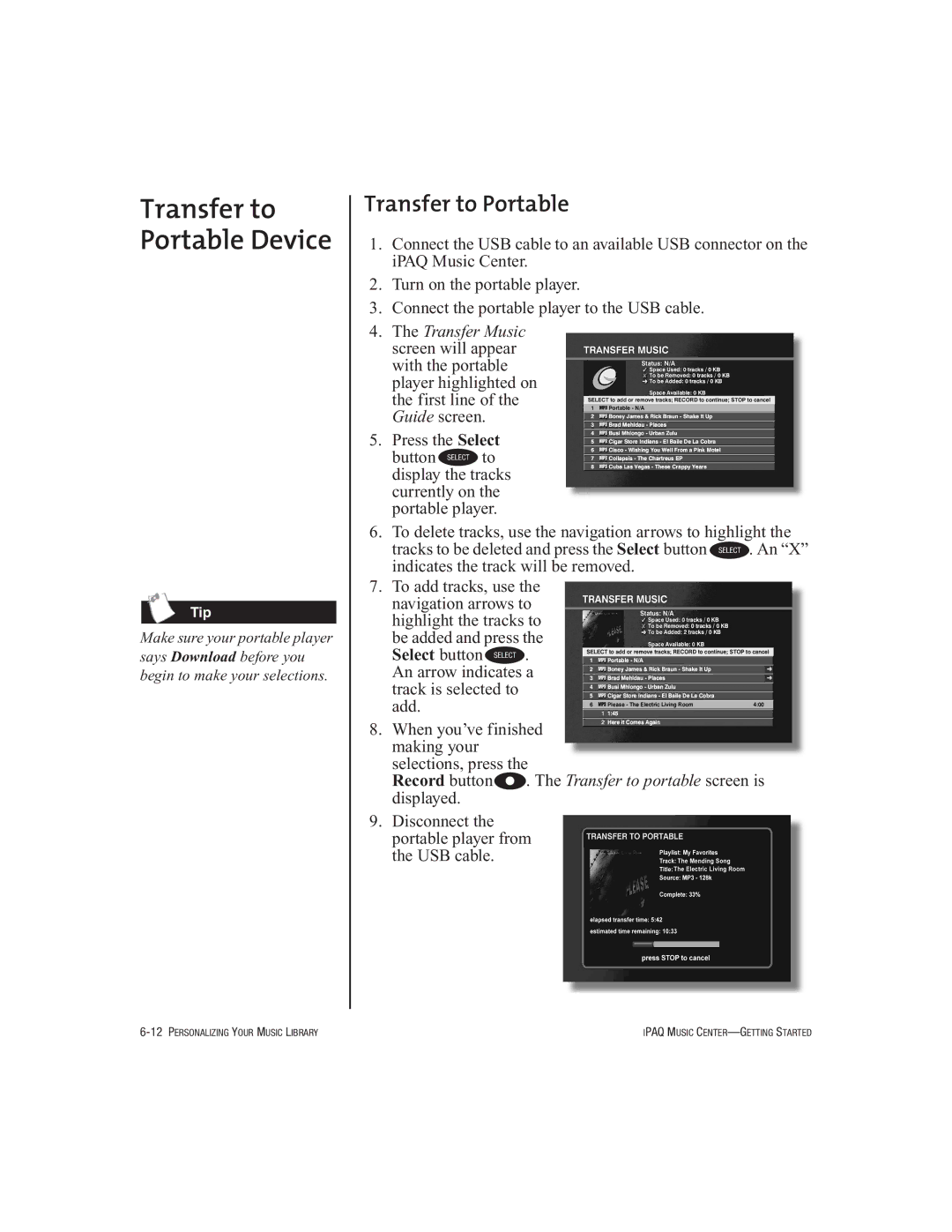 HP Music MC-1 manual Transfer to Portable Device 