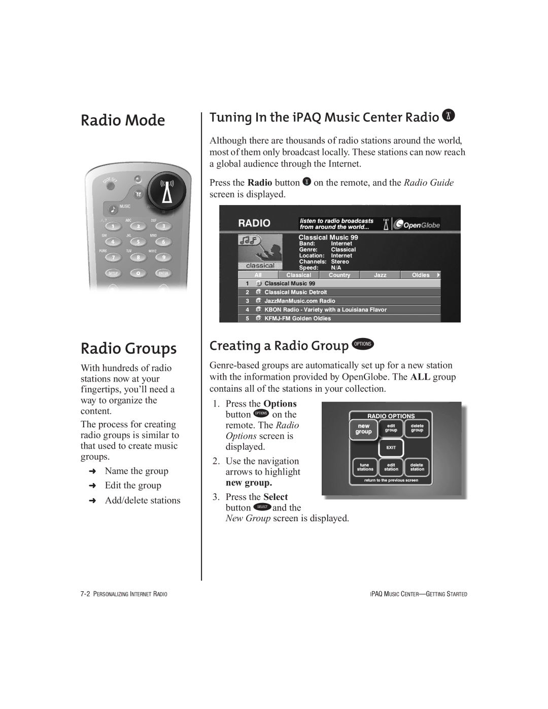 HP Music MC-1 manual Radio Mode Radio Groups, Tuning In the iPAQ Music Center Radio a, Creating a Radio Group K 