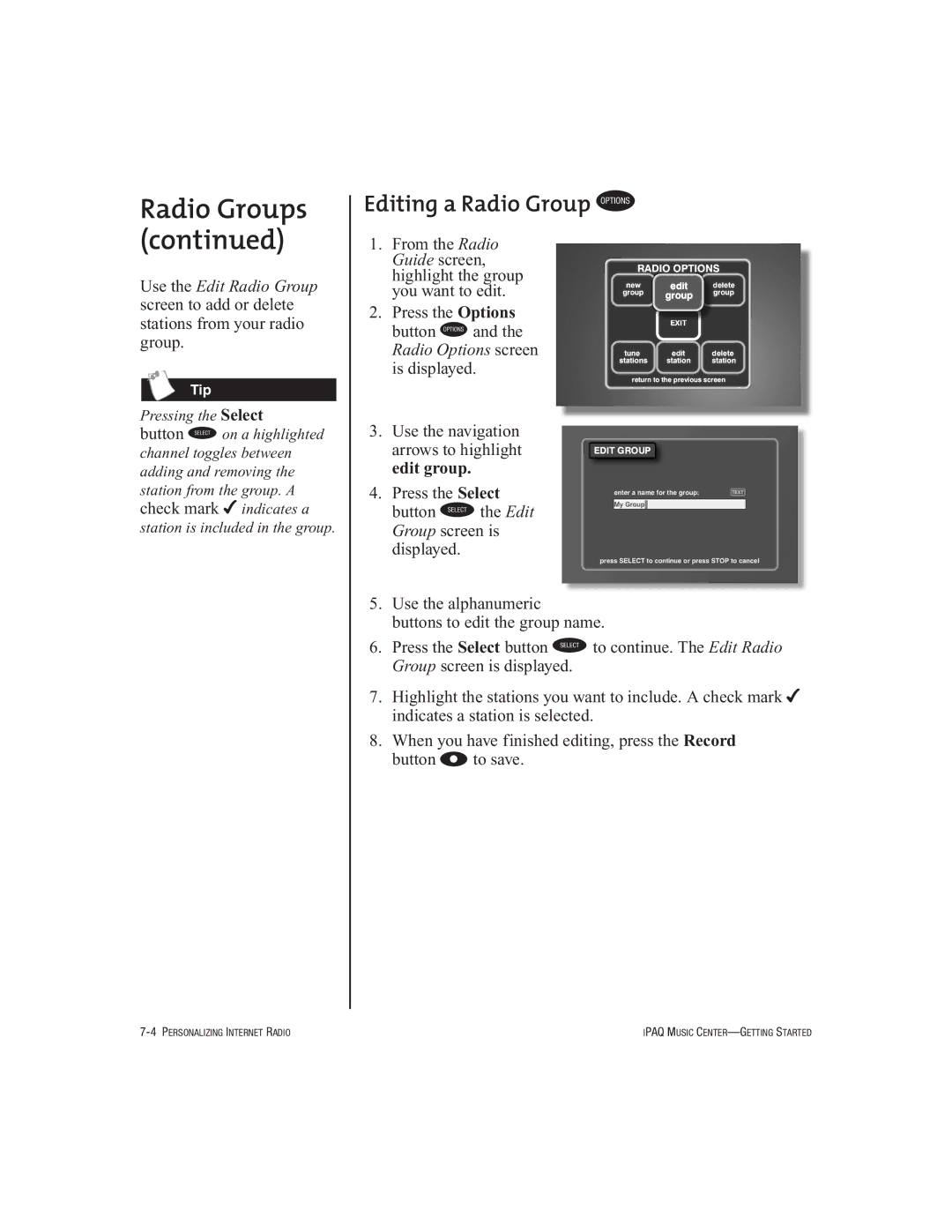 HP Music MC-1 manual Editing a Radio Group K 