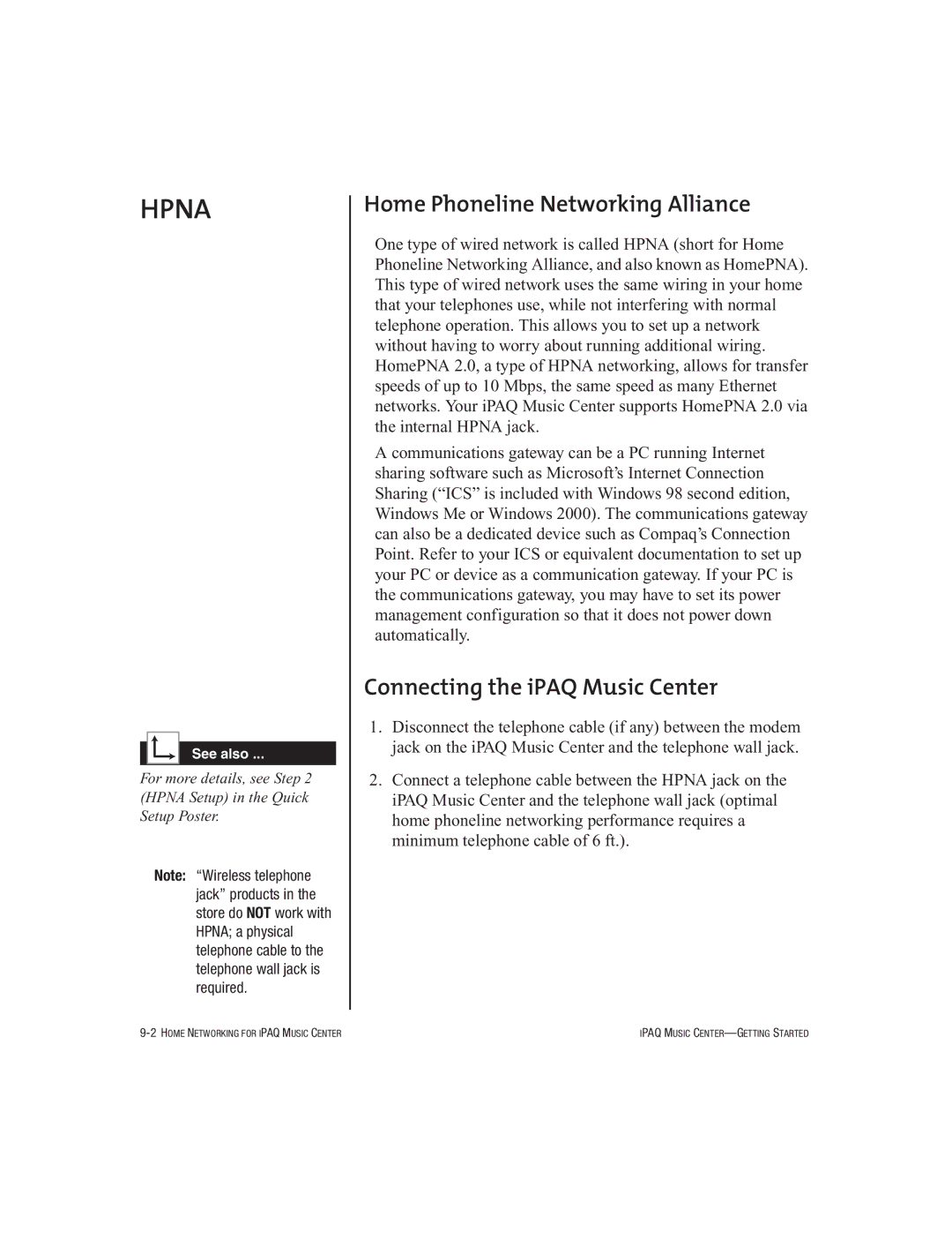 HP Music MC-1 manual Home Phoneline Networking Alliance, Connecting the iPAQ Music Center 