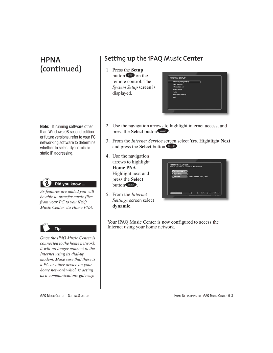 HP Music MC-1 manual Hpna, Setting up the iPAQ Music Center 