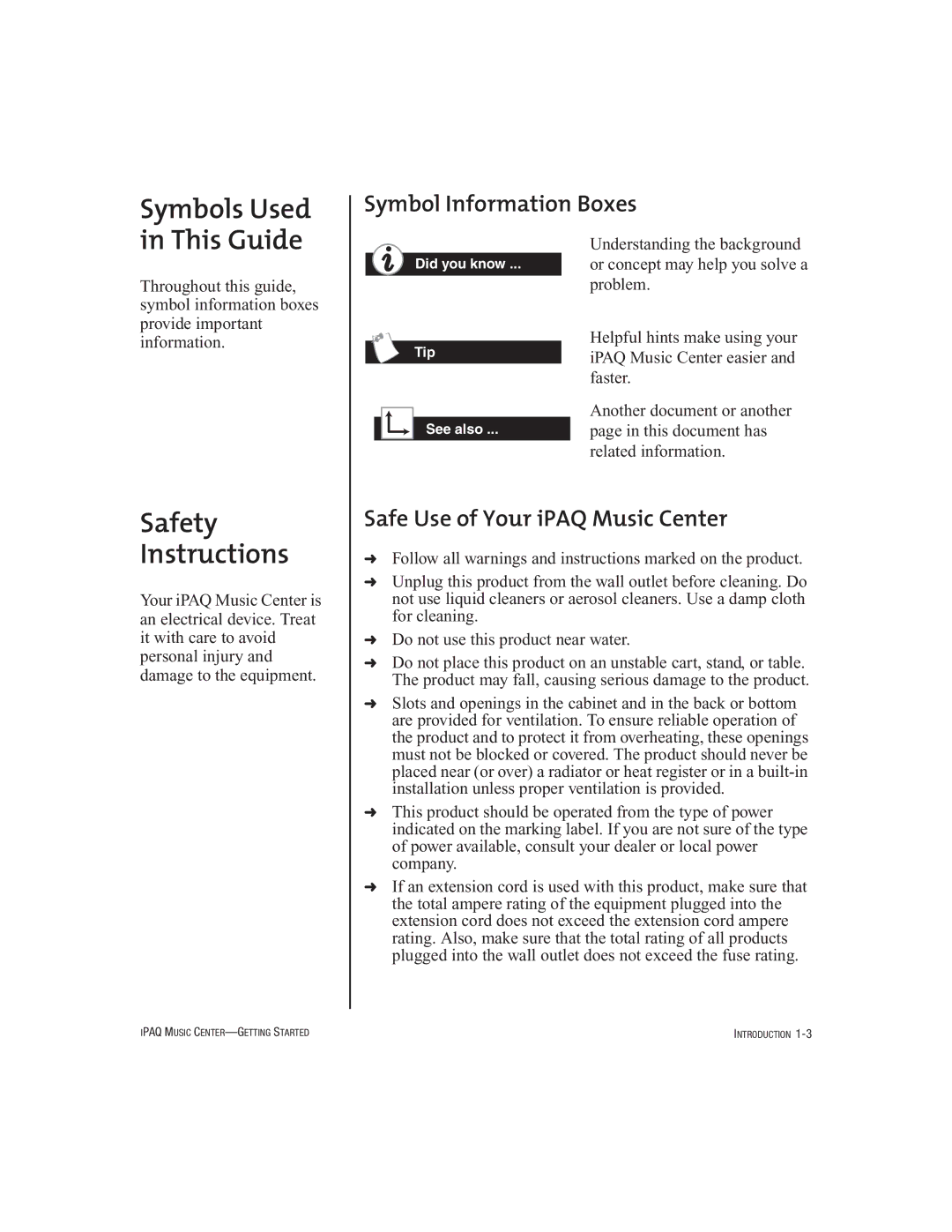 HP Music MC-1 manual Symbols Used in This Guide, Safety Instructions, Symbol Information Boxes 