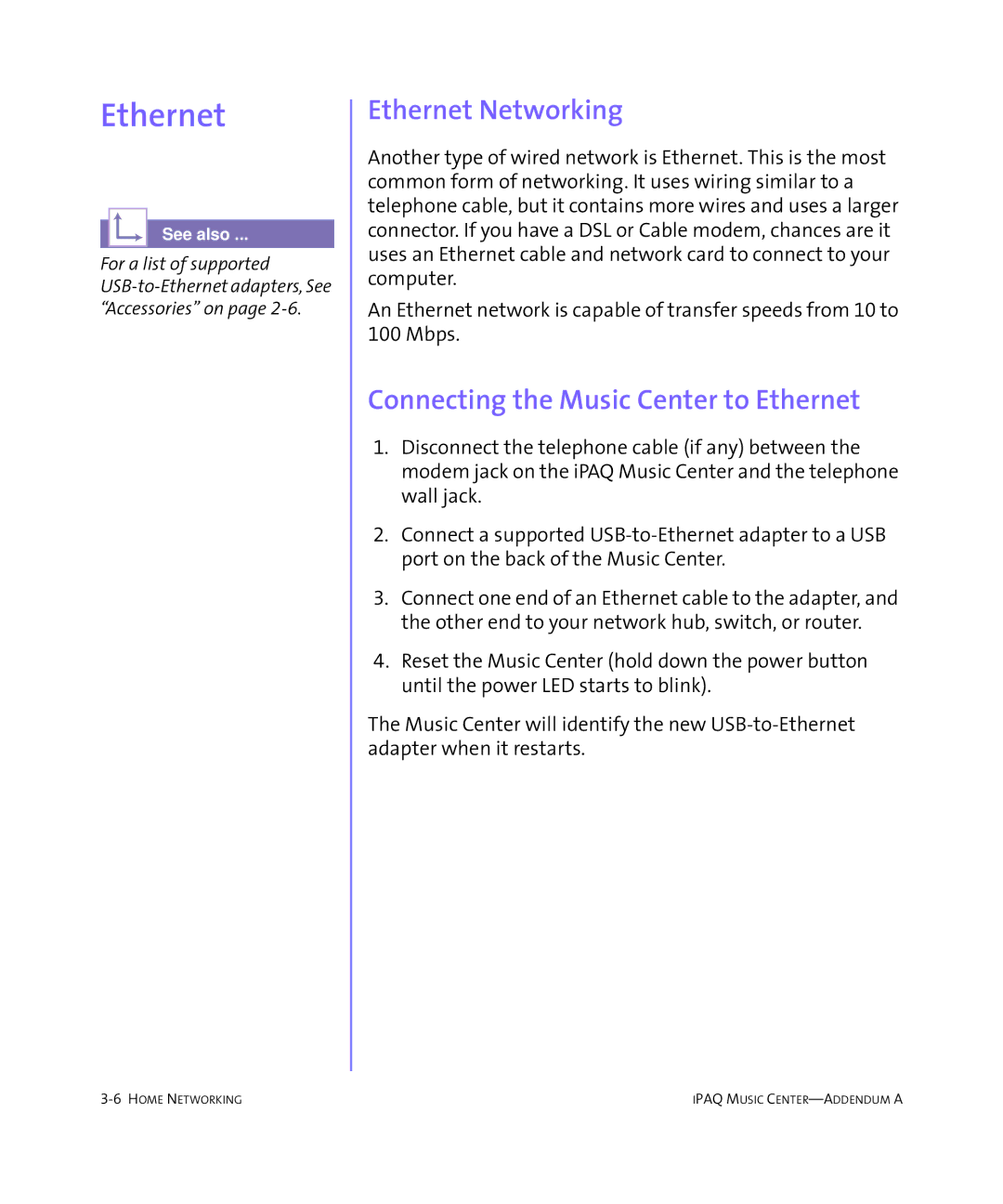 HP Music MC-1 manual Ethernet Networking, Connecting the Music Center to Ethernet 