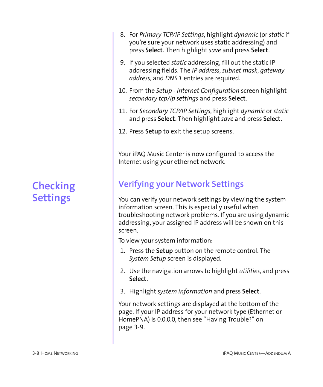 HP Music MC-1 manual Checking Settings, Verifying your Network Settings 