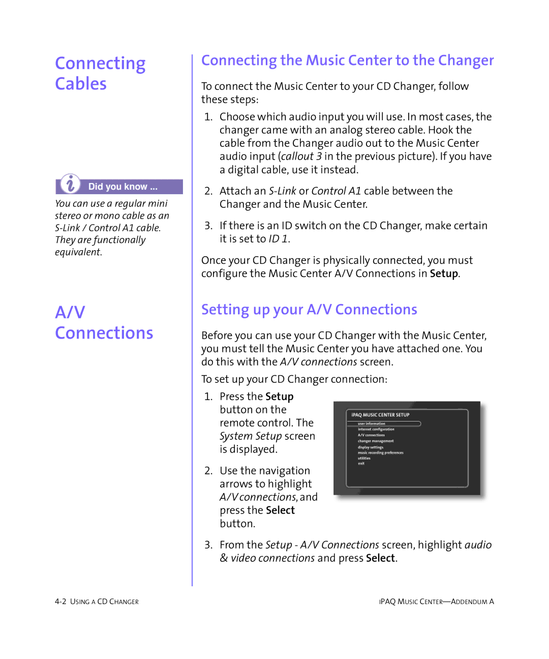 HP Music MC-1 manual Connecting Cables, Connecting the Music Center to the Changer, Setting up your A/V Connections 