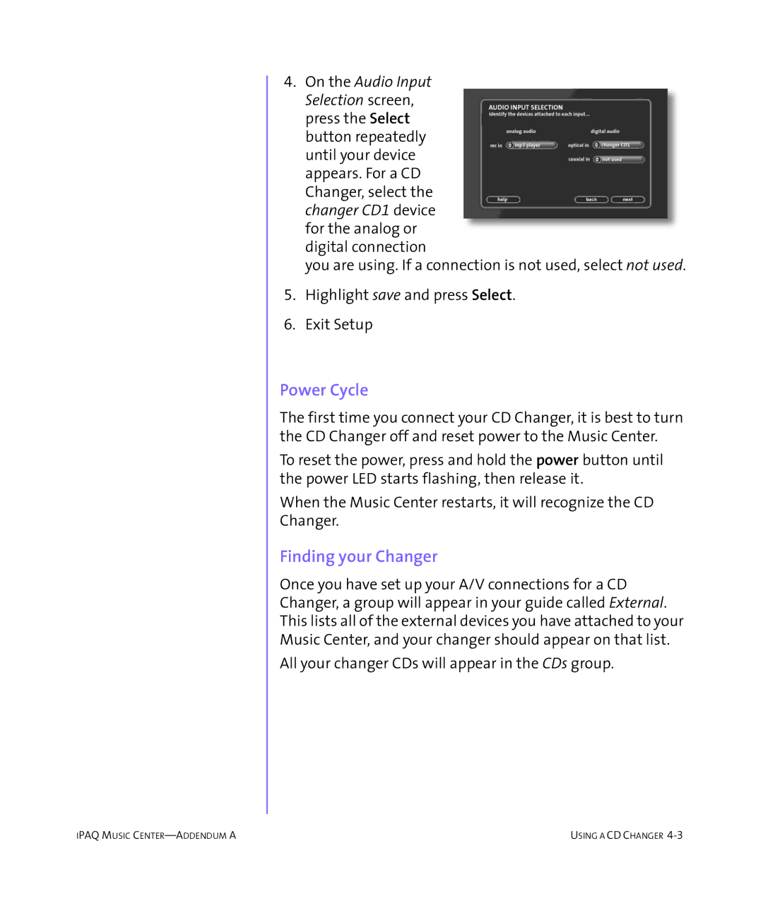 HP Music MC-1 manual Power Cycle, Finding your Changer 