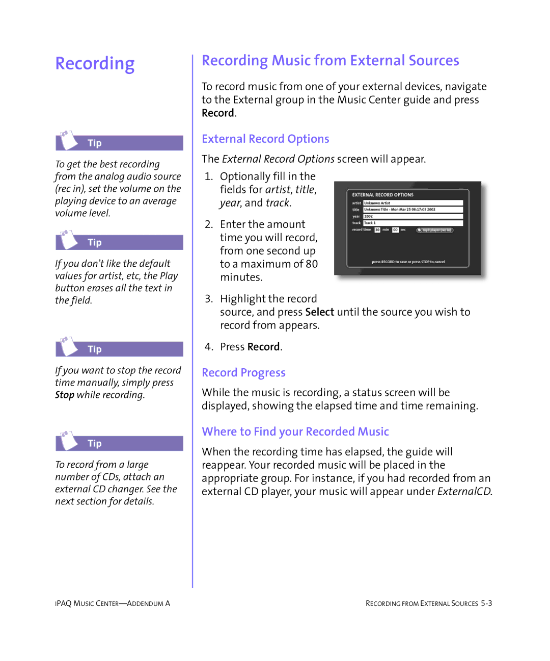 HP Music MC-1 manual Recording Music from External Sources, External Record Options, Record Progress 