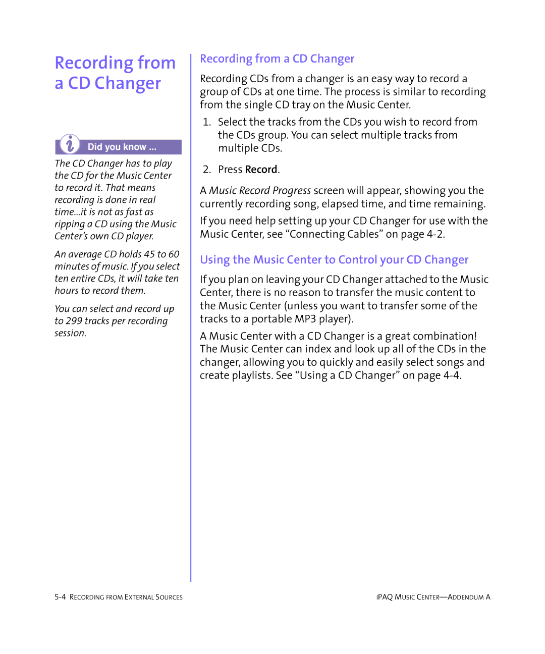 HP Music MC-1 manual Recording from a CD Changer, Using the Music Center to Control your CD Changer 