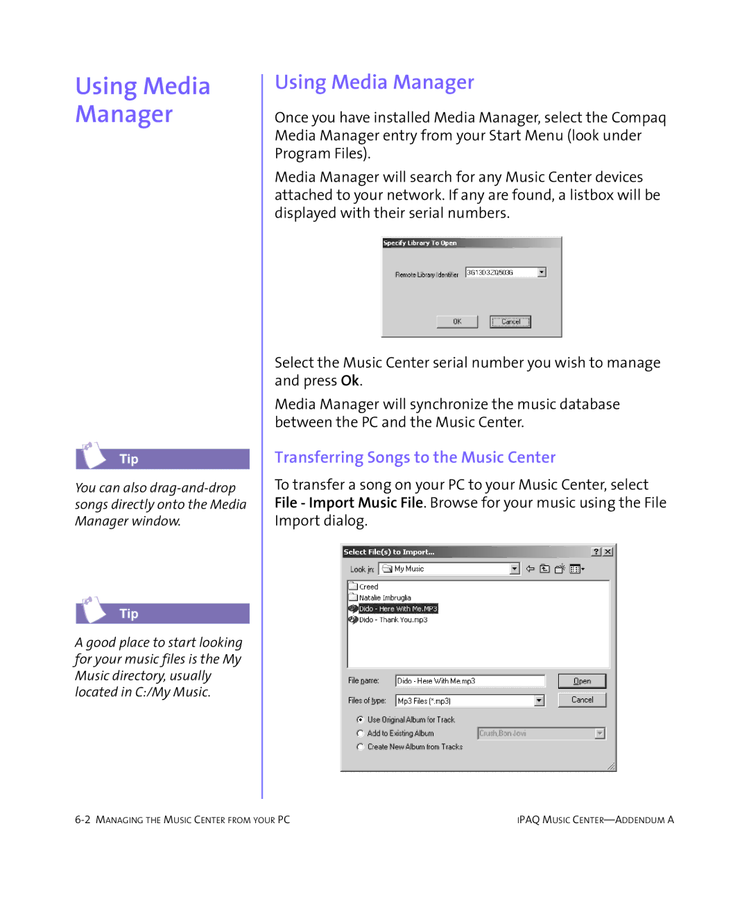 HP Music MC-1 manual Using Media Manager, Transferring Songs to the Music Center 