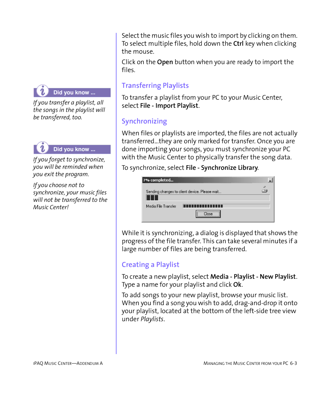 HP Music MC-1 manual Transferring Playlists, Synchronizing, Creating a Playlist 