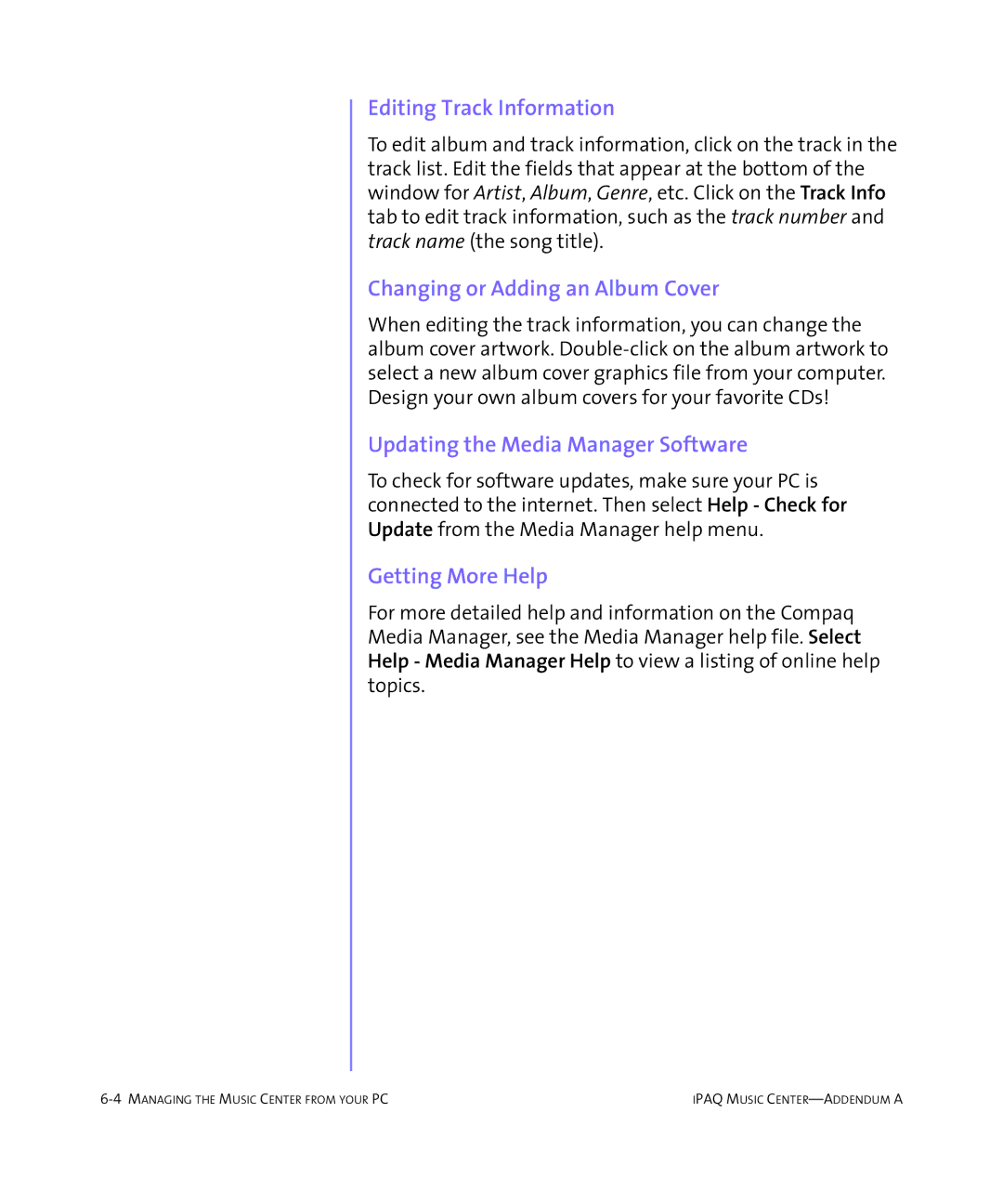 HP Music MC-1 manual Editing Track Information, Changing or Adding an Album Cover, Updating the Media Manager Software 