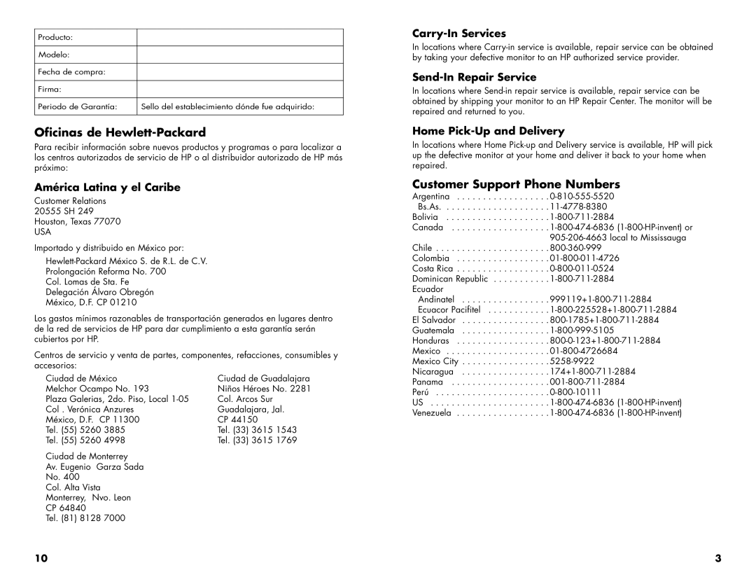 HP mx704 17 inch CRT manual Oficinas de Hewlett-Packard, Customer Support Phone Numbers 