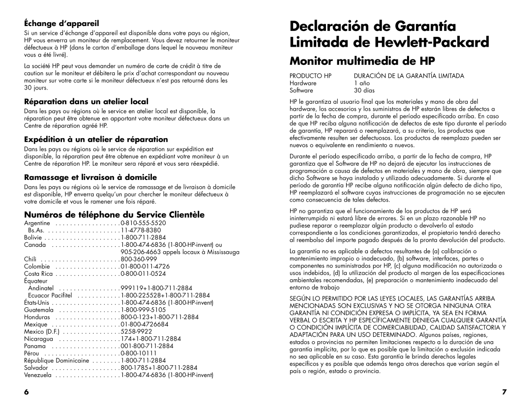 HP mx704 17 inch CRT manual Declaración de Garantía Limitada de Hewlett-Packard, Monitor multimedia de HP 