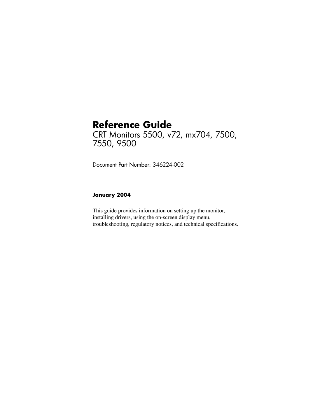 HP mx704 17 inch CRT manual Reference Guide, CRT Monitors 5500, v72, mx704, 7500, 7550 