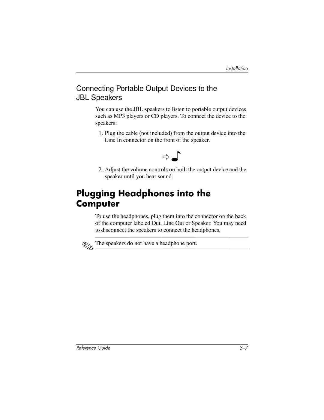 HP mx704 17 inch CRT manual Plugging Headphones into the Computer, Connecting Portable Output Devices to the JBL Speakers 