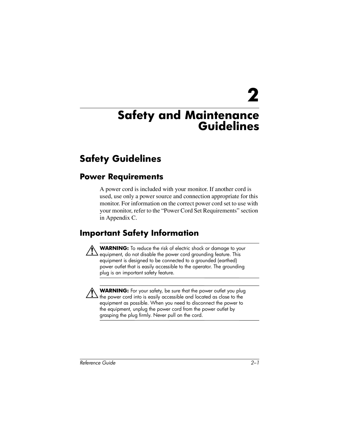 HP mx704 17 inch CRT manual Safety and Maintenance Guidelines, Safety Guidelines, Power Requirements 