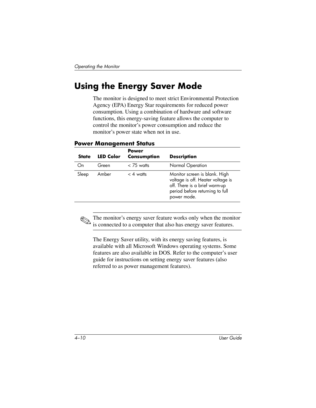 HP mx705, MV7540, S7540, v7650 17-inch manual Using the Energy Saver Mode, Power Management Status 