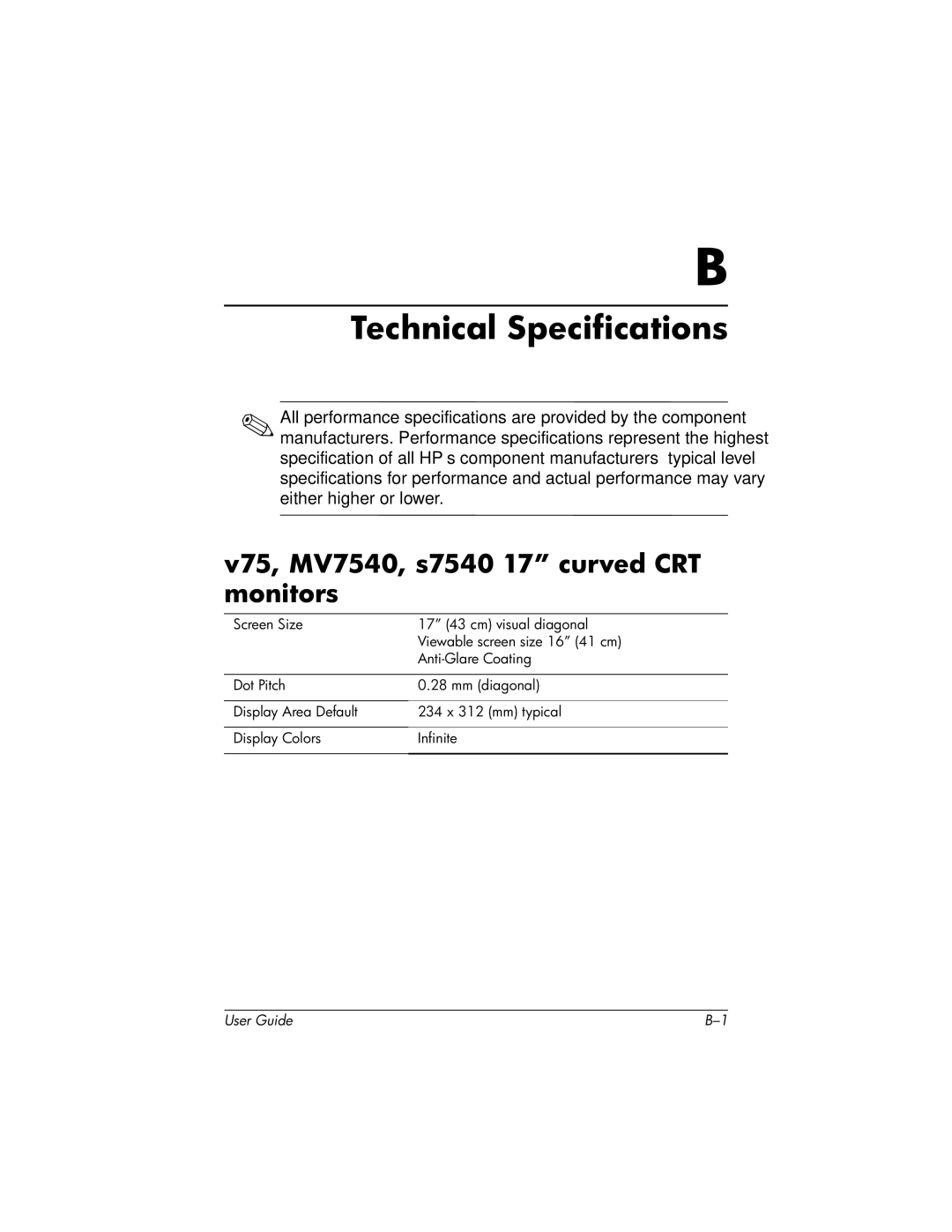 HP mx705, S7540, v7650 17-inch manual Technical Specifications, V75, MV7540, s7540 17 curved CRT monitors 