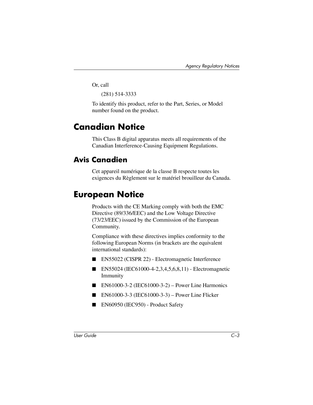 HP S7540, mx705, MV7540, v7650 17-inch manual Canadian Notice, European Notice, Avis Canadien 