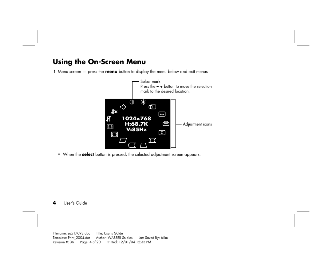 HP mx705c 17 inch Bulk CRT manual Using the On-Screen Menu 