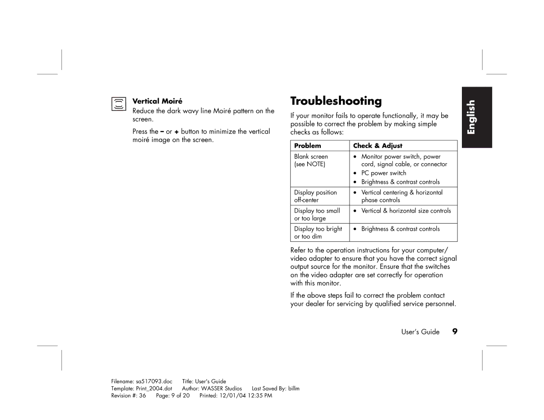 HP mx705c 17 inch Bulk CRT manual Troubleshooting, Vertical Moiré 