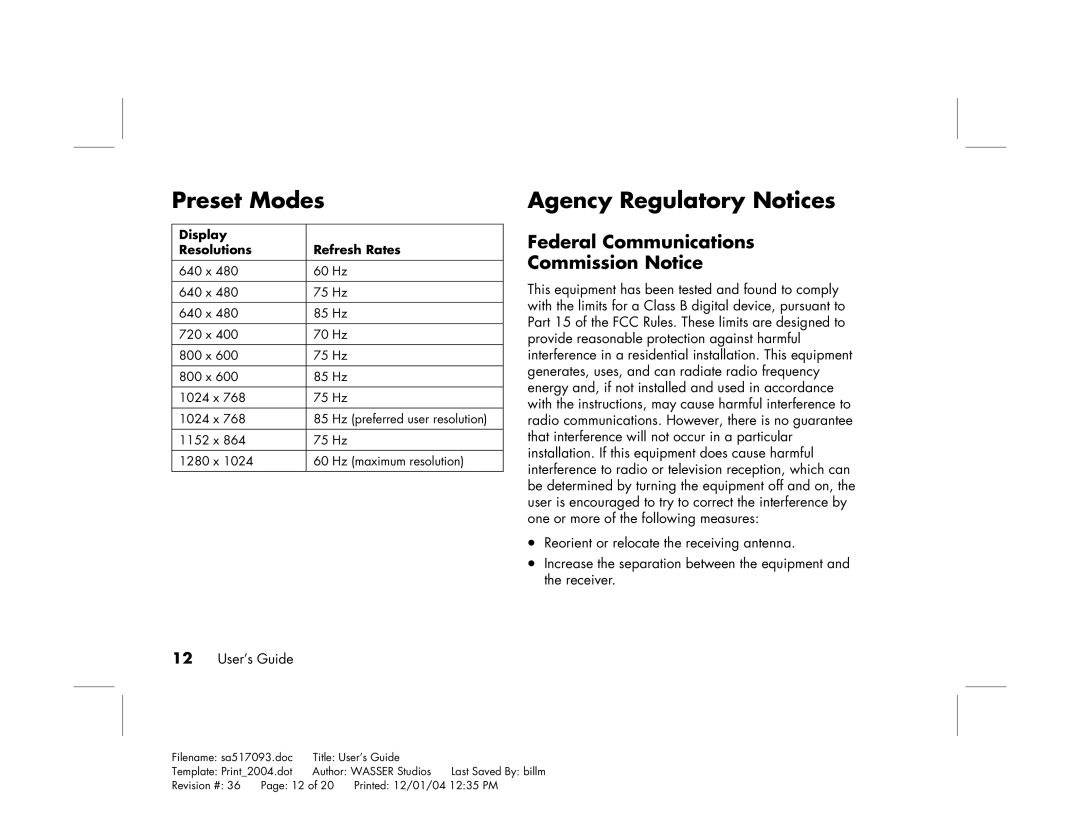 HP mx705c 17 inch Bulk CRT manual Preset Modes, Agency Regulatory Notices, Federal Communications Commission Notice 