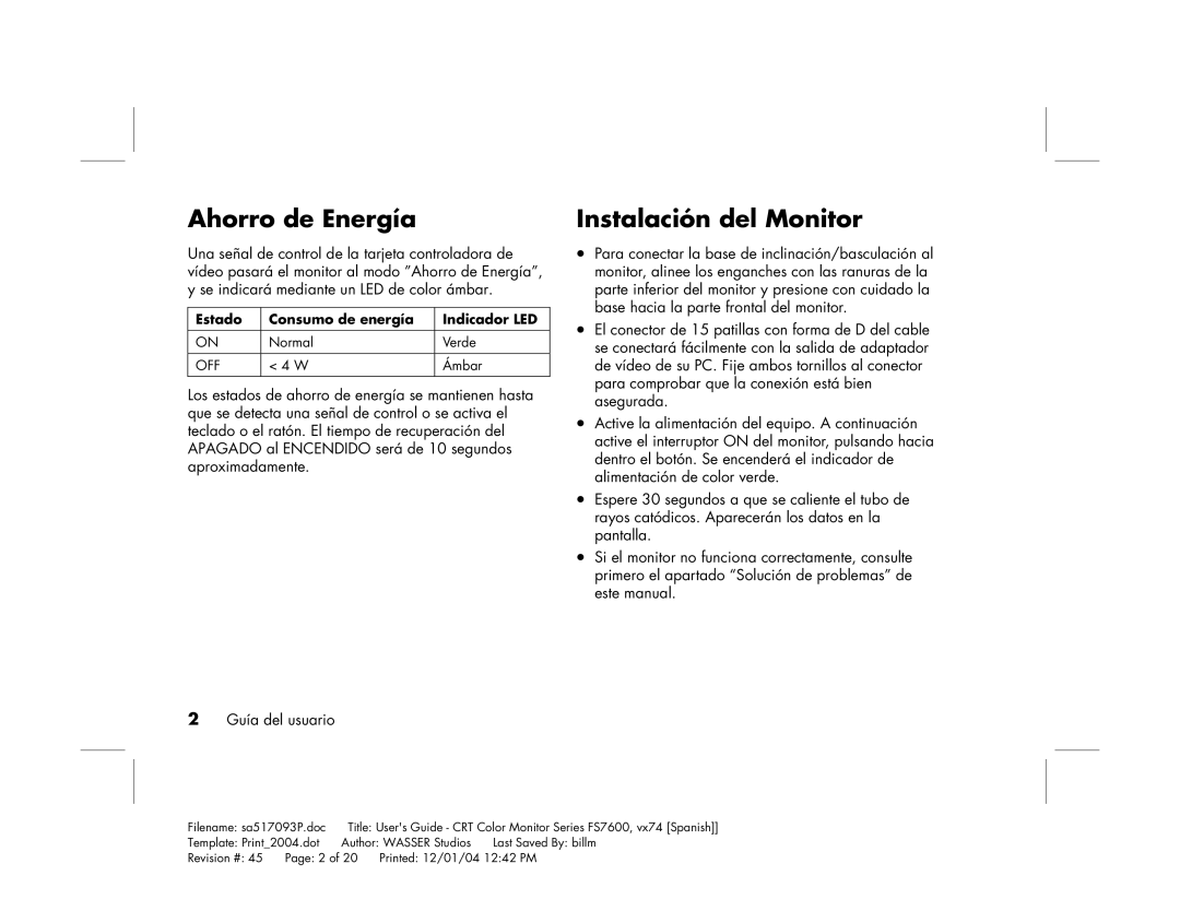 HP mx705c 17 inch Bulk CRT manual Ahorro de Energía, Instalación del Monitor 