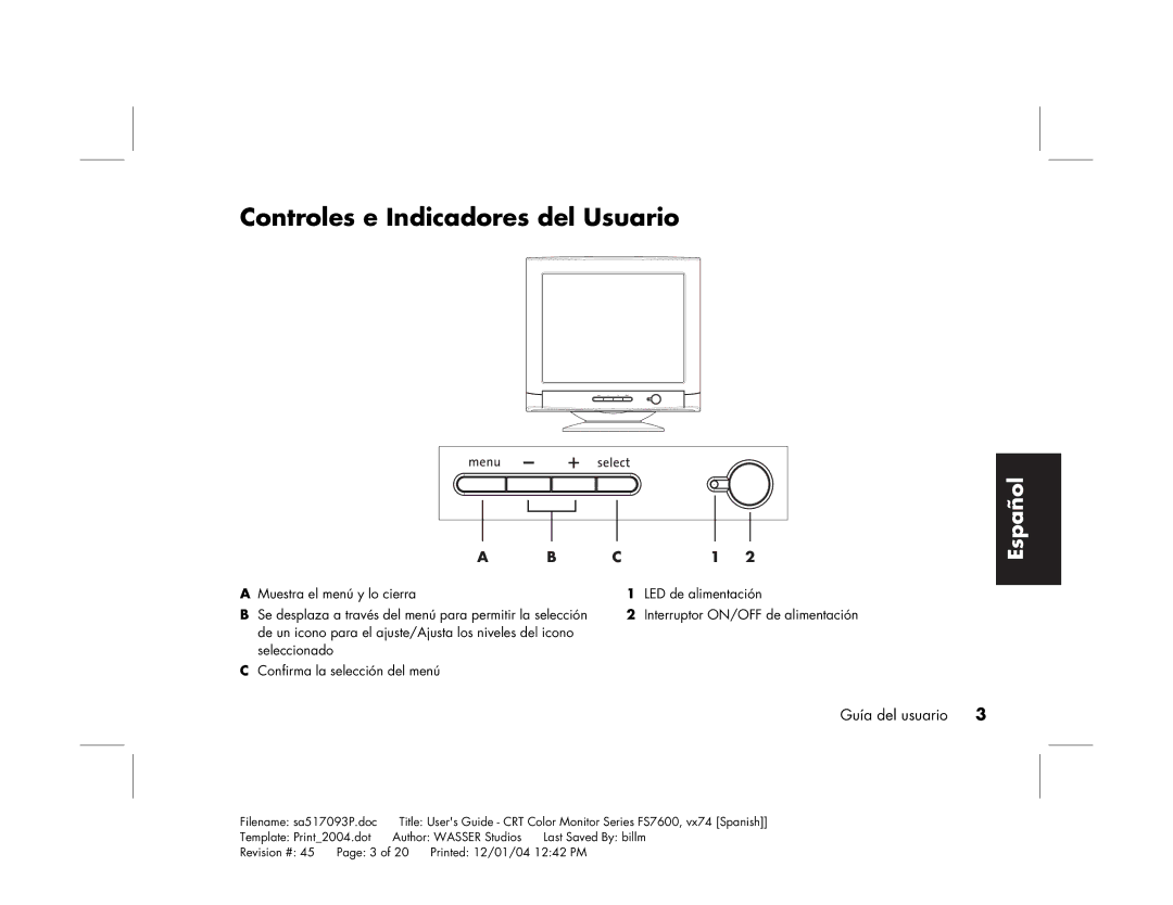 HP mx705c 17 inch Bulk CRT manual Controles e Indicadores del Usuario 