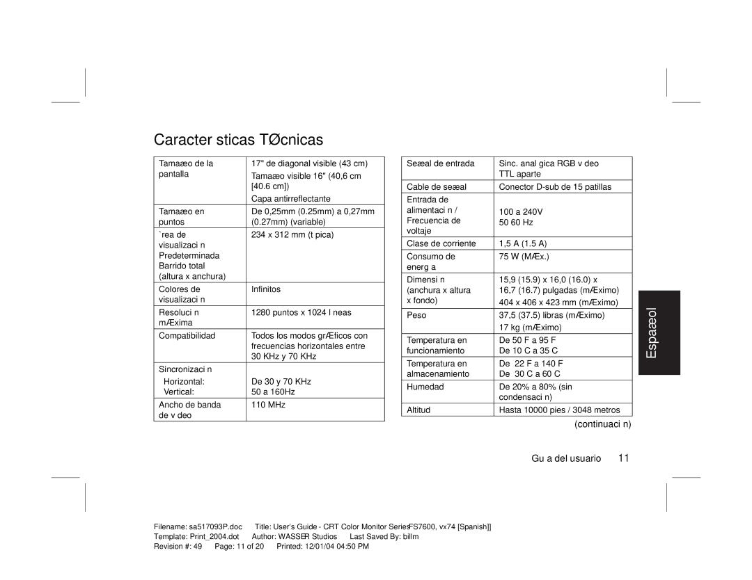 HP mx705c 17 inch Bulk CRT manual Características Técnicas, Ancho de banda de vídeo 