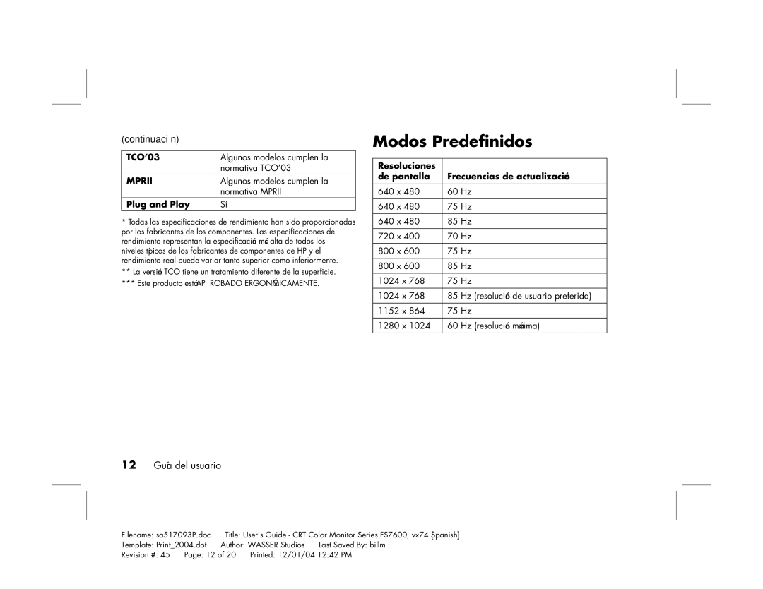 HP mx705c 17 inch Bulk CRT manual Modos Predefinidos, Resoluciones De pantalla Frecuencias de actualización 