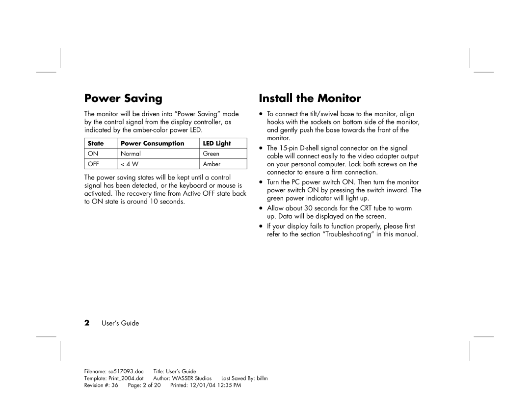 HP mx705c 17 inch Bulk CRT manual Power Saving, Install the Monitor 