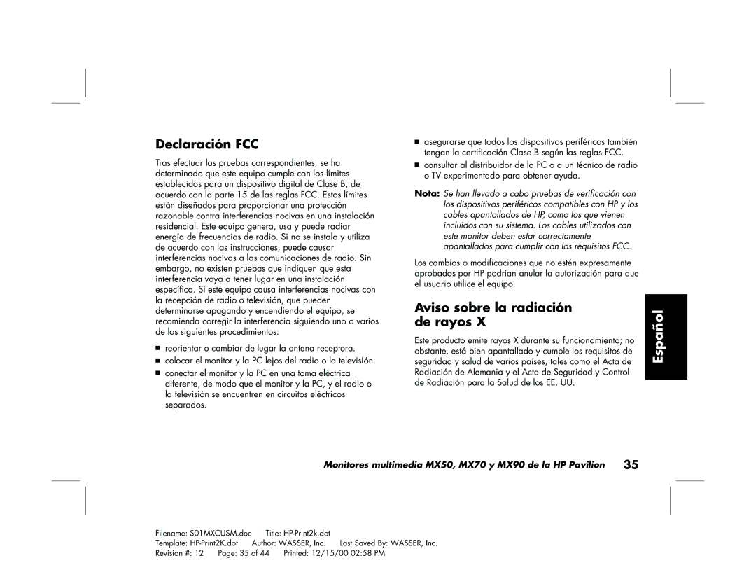 HP mx90 19 inch manual Declaración FCC, Aviso sobre la radiación de rayos 