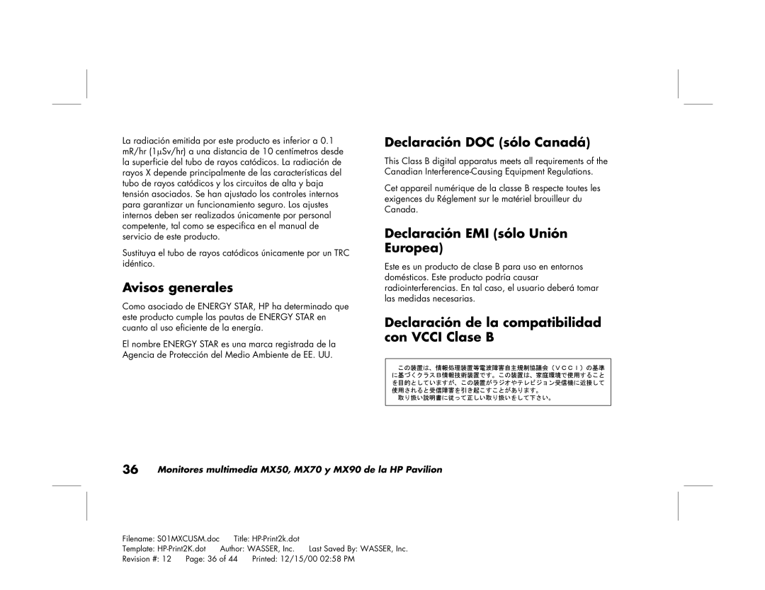 HP mx90 19 inch manual Avisos generales, Declaración DOC sólo Canadá, Declaración EMI sólo Unión Europea 