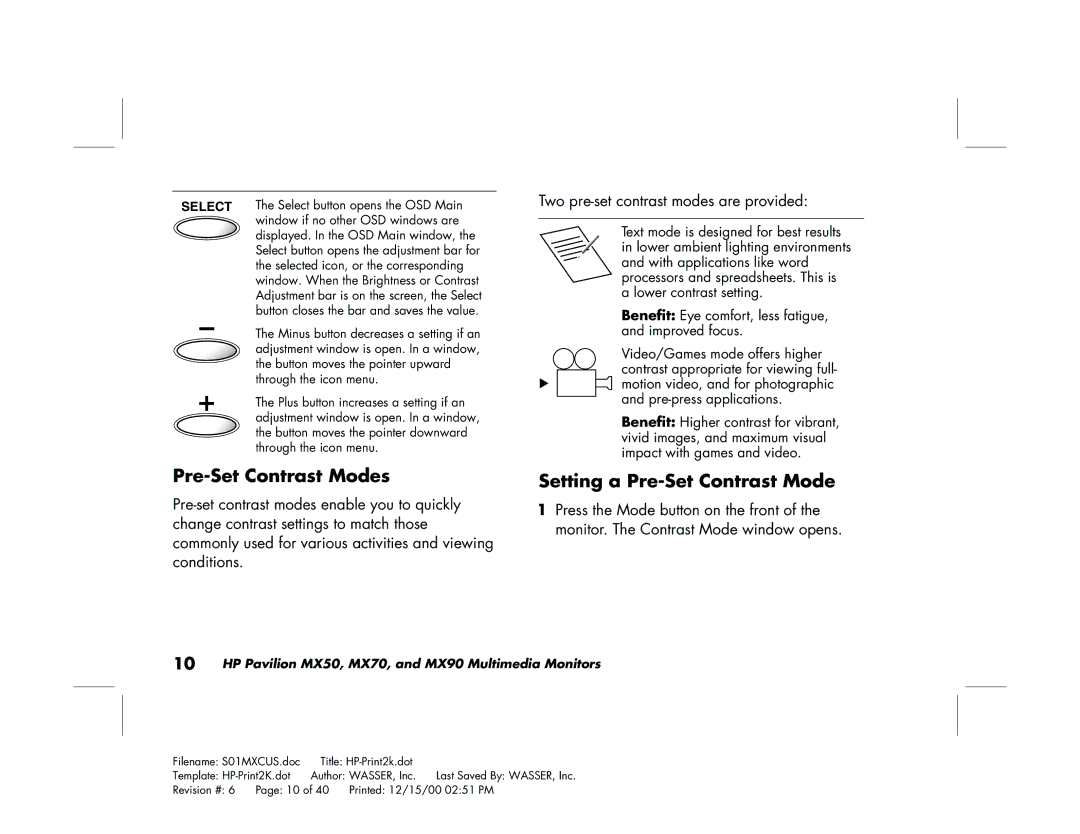 HP mx90 19 inch manual Pre-Set Contrast Modes, Setting a Pre-Set Contrast Mode 