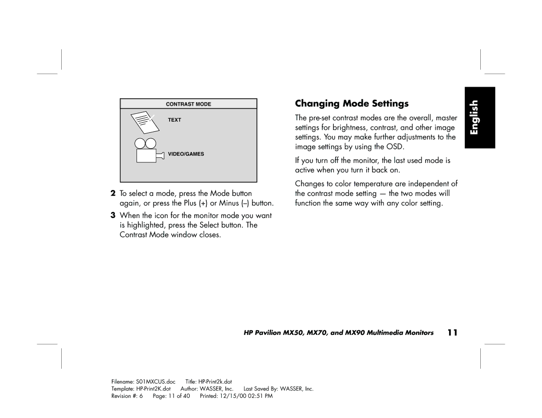 HP mx90 19 inch manual Changing Mode Settings 