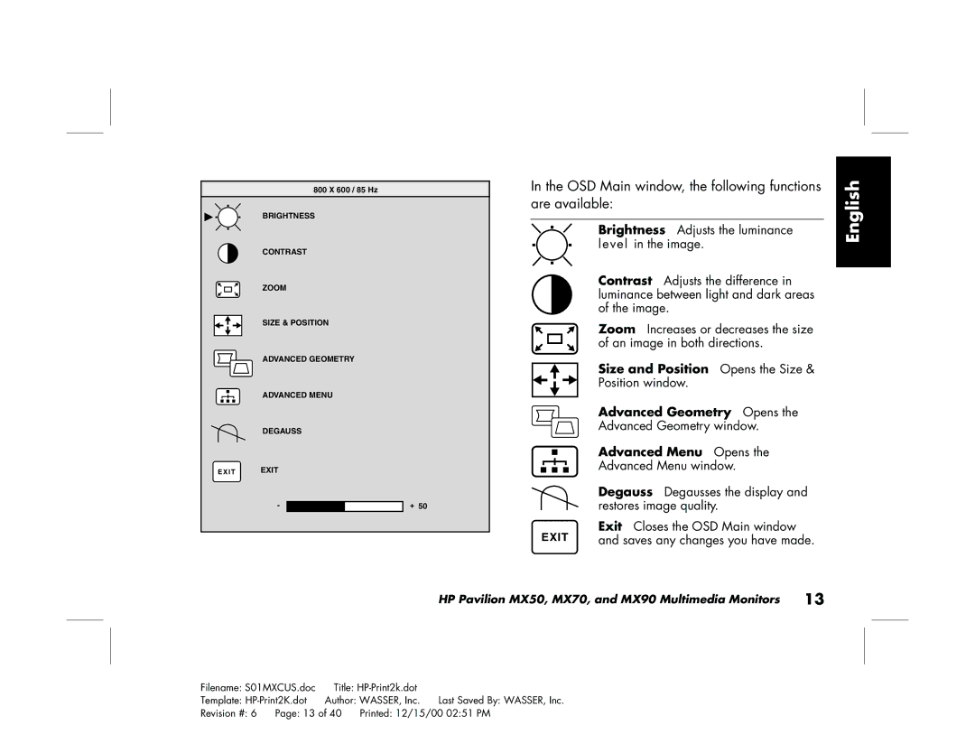 HP mx90 19 inch manual Size and Position, Advanced Geometry Opens, Advanced Menu 